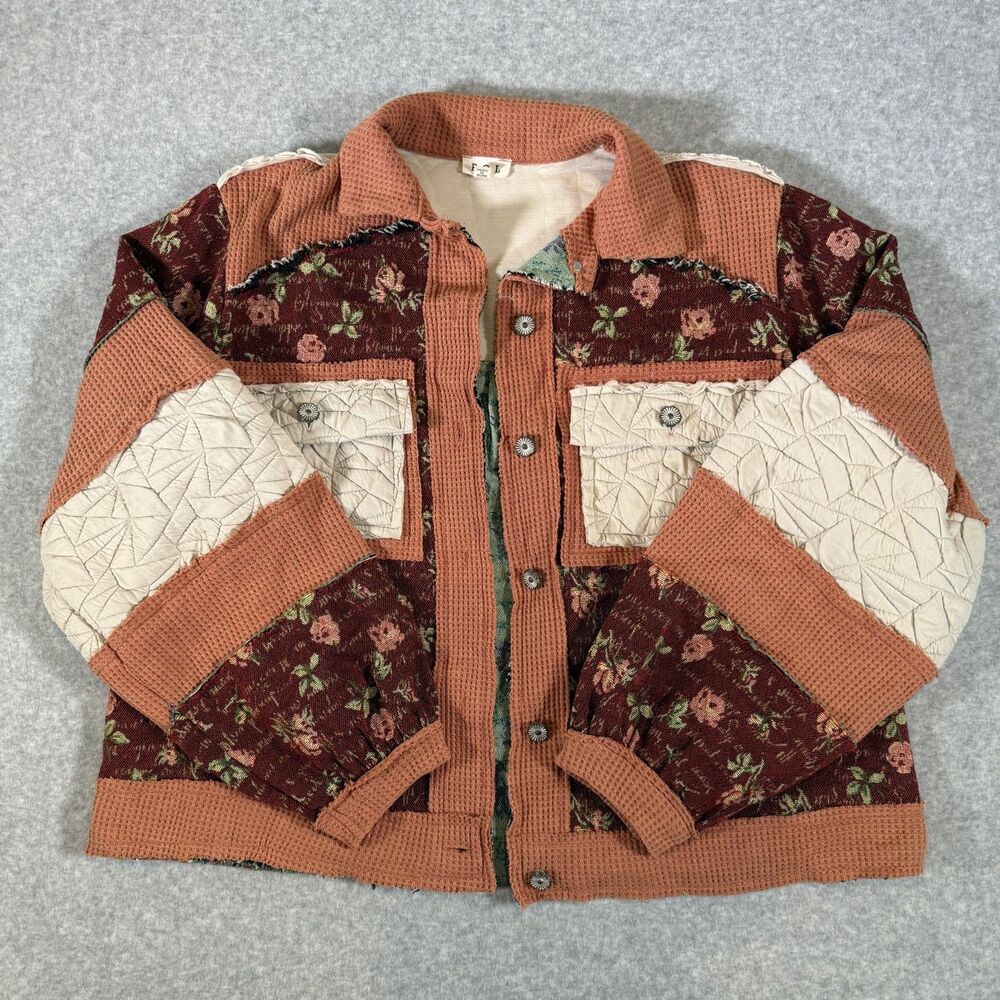 POL Jacket Floral Patchwork Quilted Corduroy Shacket M Tapestry Boho Artsy Fall